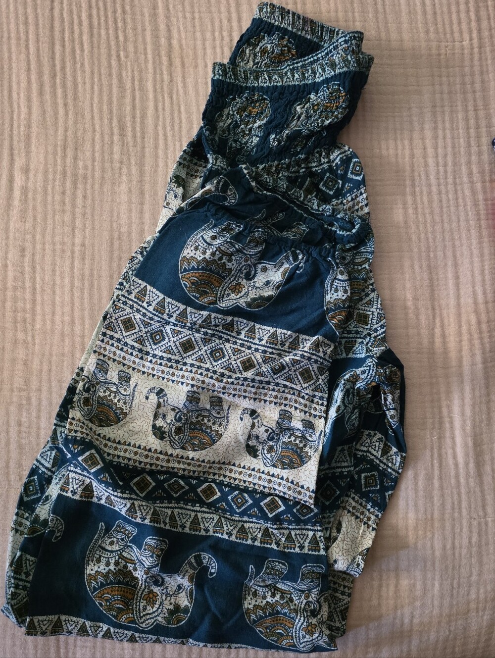 Boho Elephant Print Maxi Pants in Teal and Cream